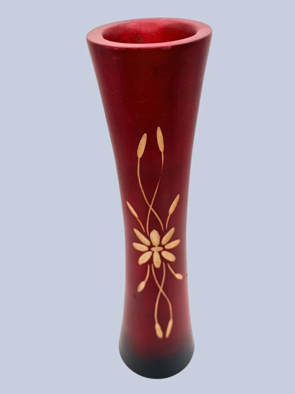 Vintage Jamaican Hand Carved Wood Vase Red Floral Folk Art Souvenir 12”